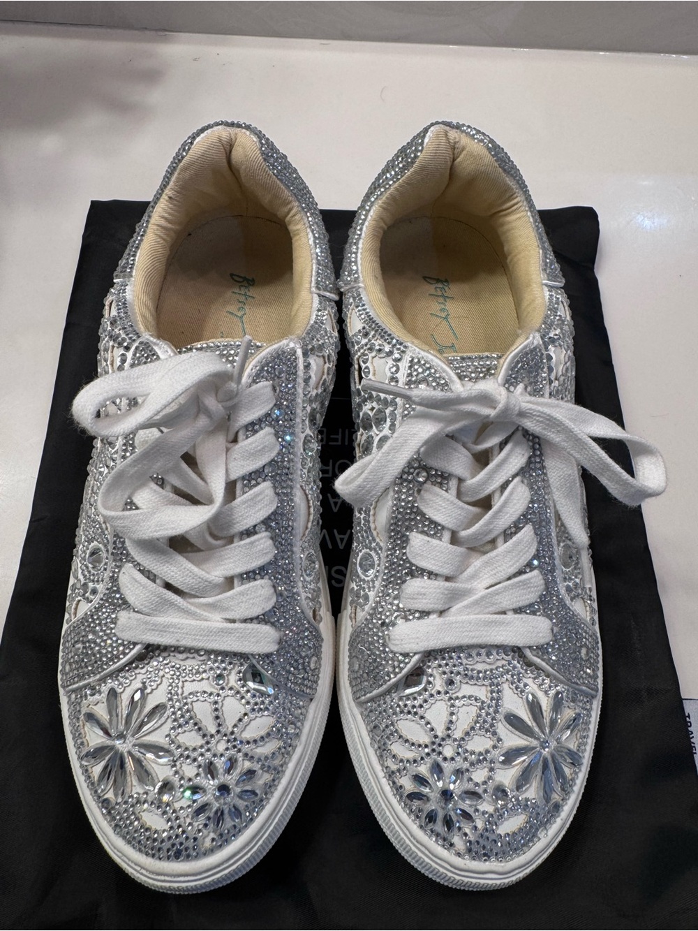 Betsey Johnson Silver and White Crystal Floral Lace-Up Sneakers